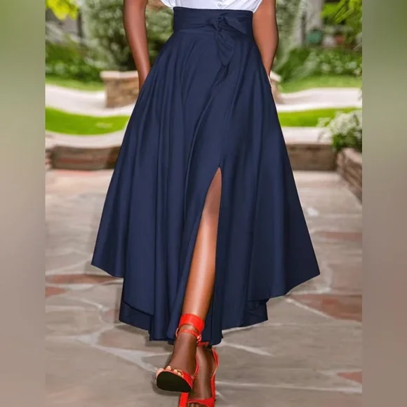 Elegant Plus Size Maxi Skirt High Rise,Pleated Bow an Asymmetrical - Picture 2 of 5